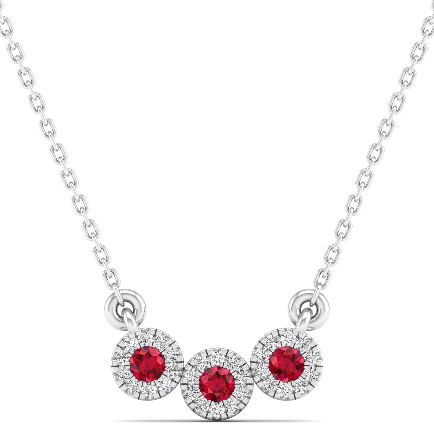 Trio Ruby and Diamond Halo Necklace