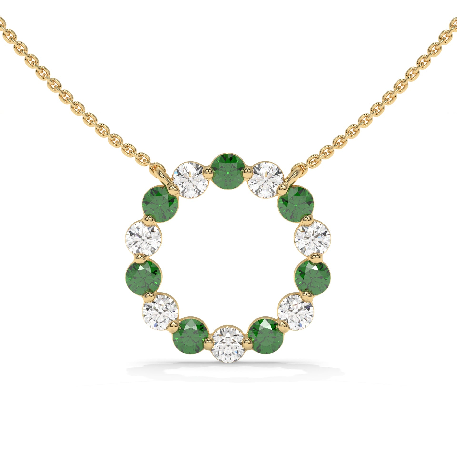 Circle of Life Alternating Emerald and Diamond Share-Prong Necklace