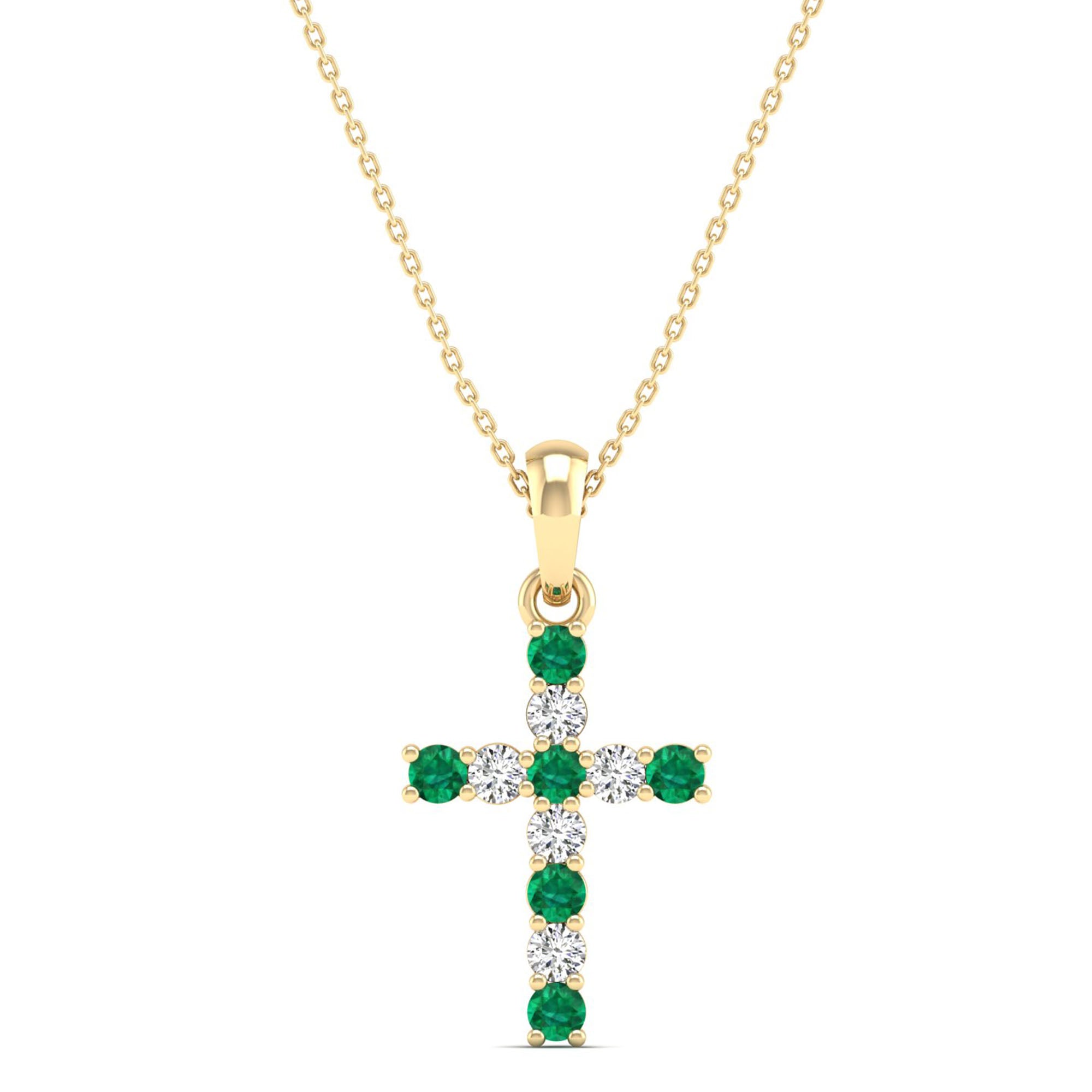 Cross Alternating Emerald and Diamond Pendant