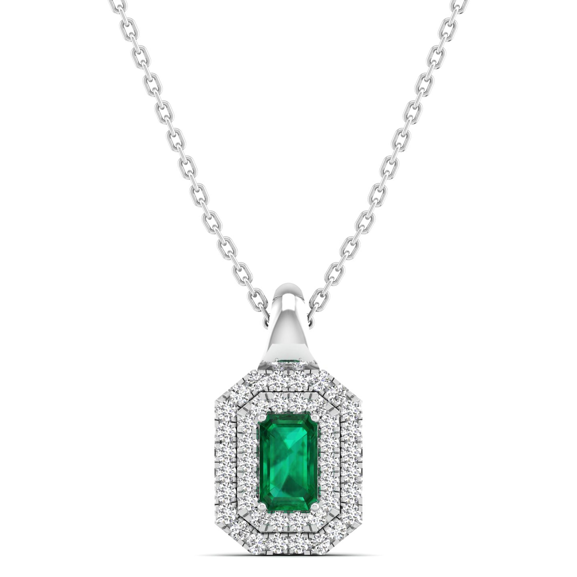 Double Halo Emerald and Diamond Beveled Pendant