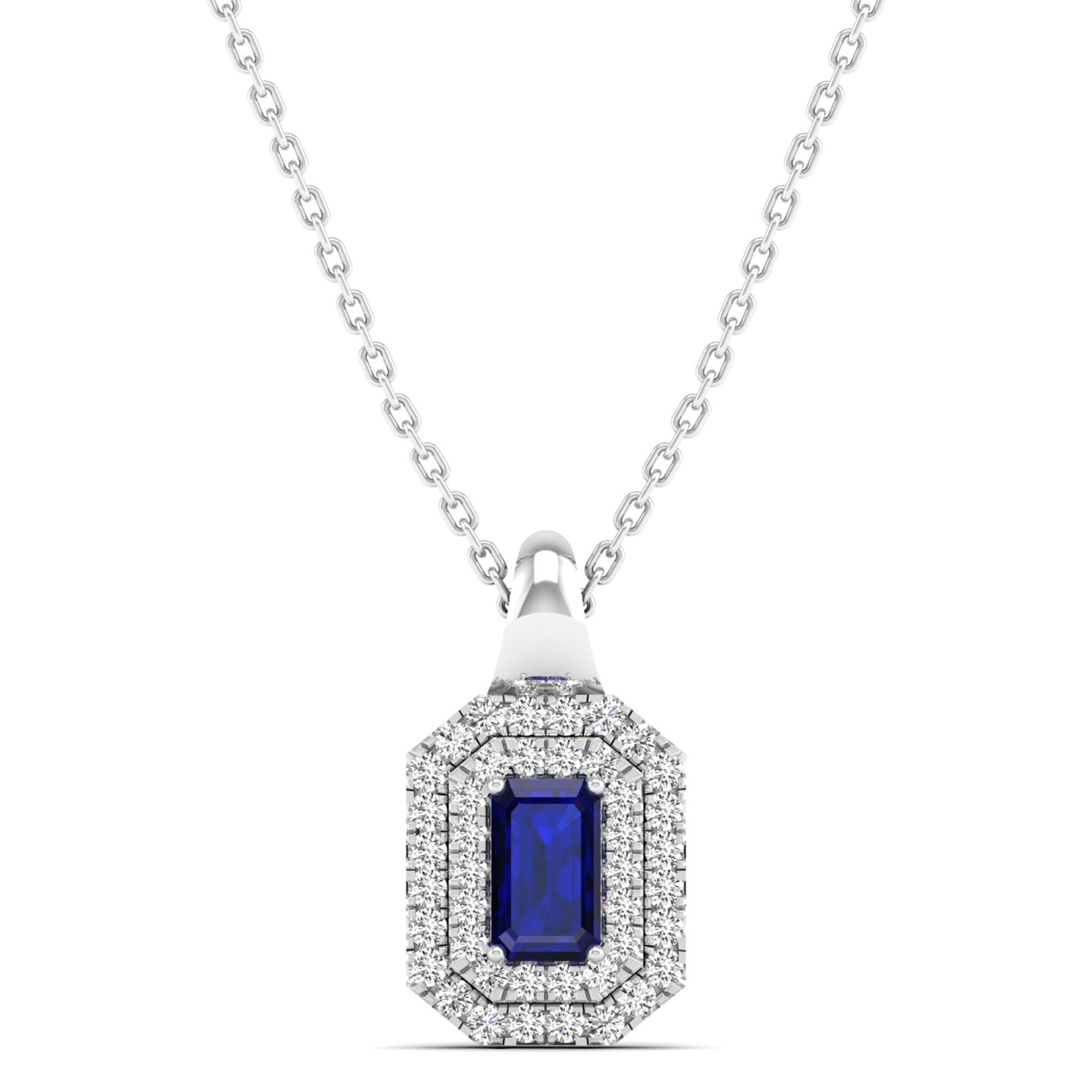 Double Halo Sapphire and Diamond Beveled Pendant