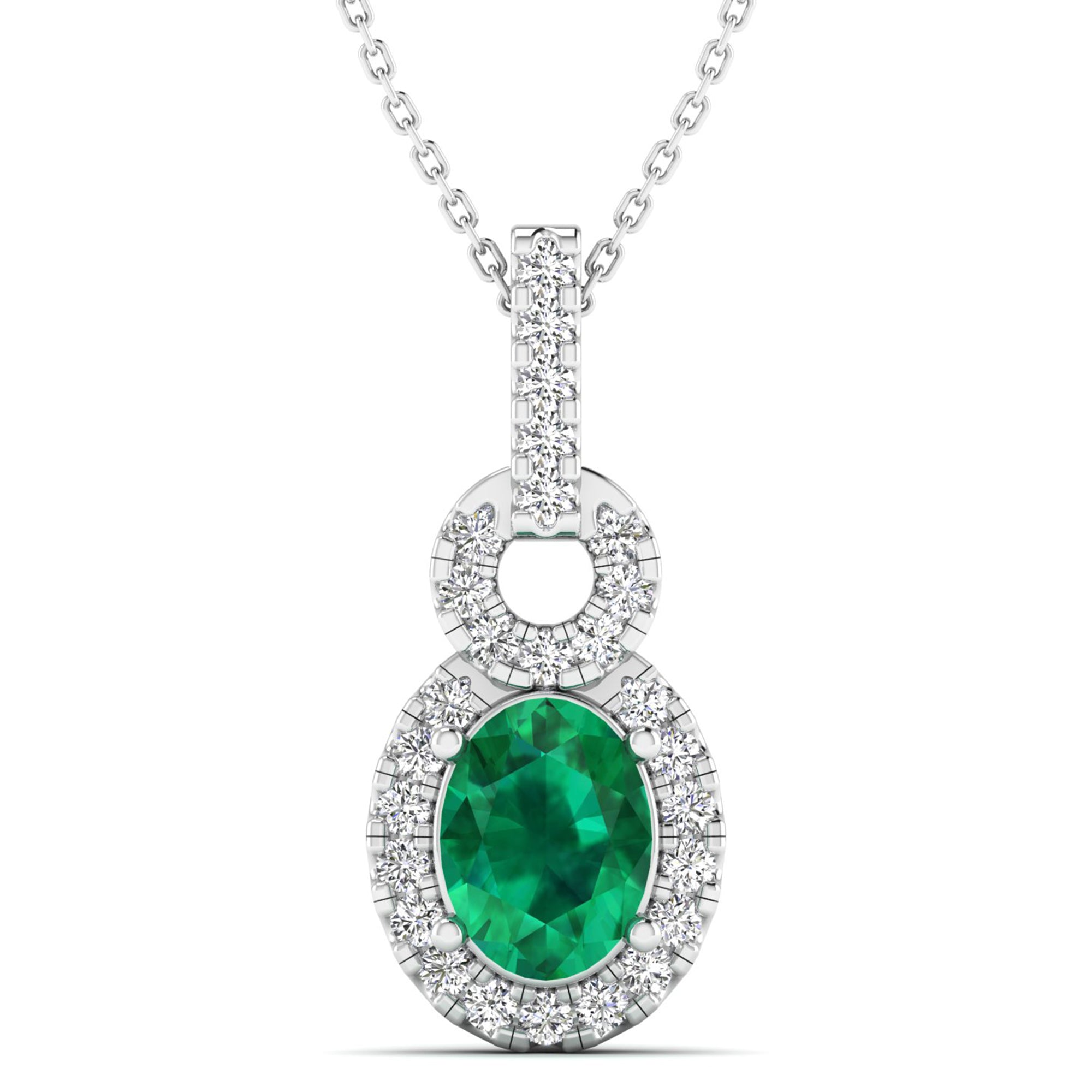 Oval Emerald and Halo Diamond Dangle Drop Pendant