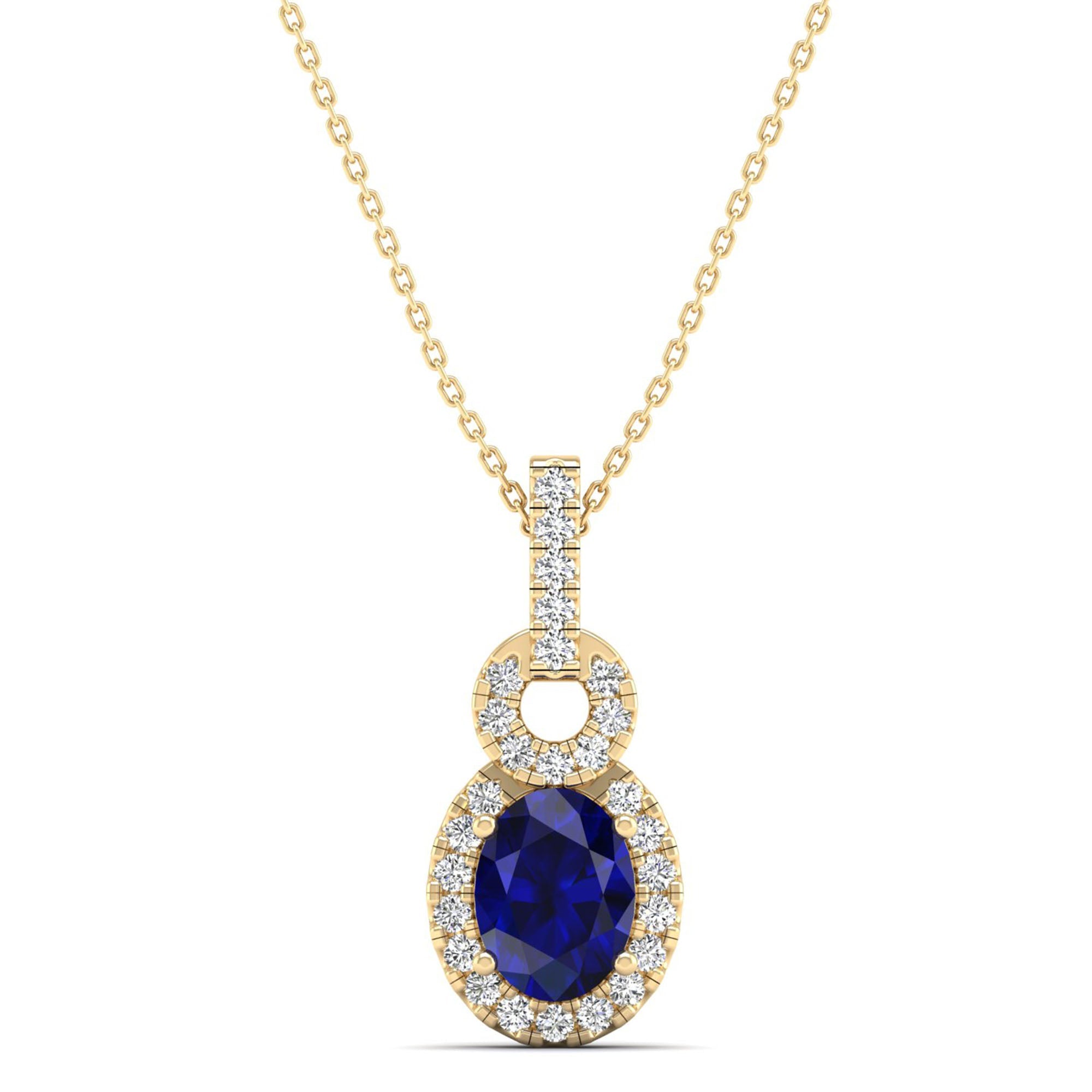 Oval Sapphire and Halo Diamond Dangle Drop Pendant