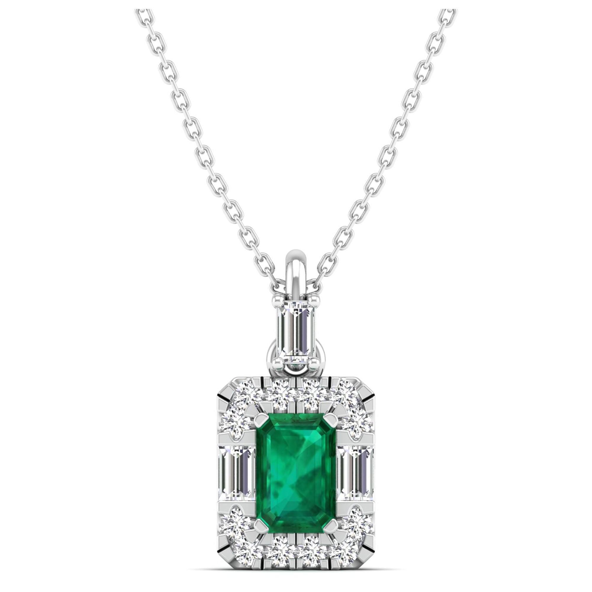 Emerald Halo Baguette and Round Diamond Pendant