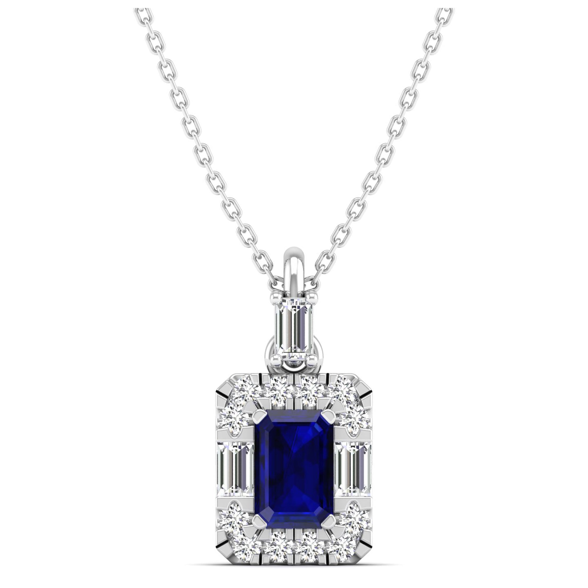 Sapphire Halo Baguette and Round Diamond Pendant