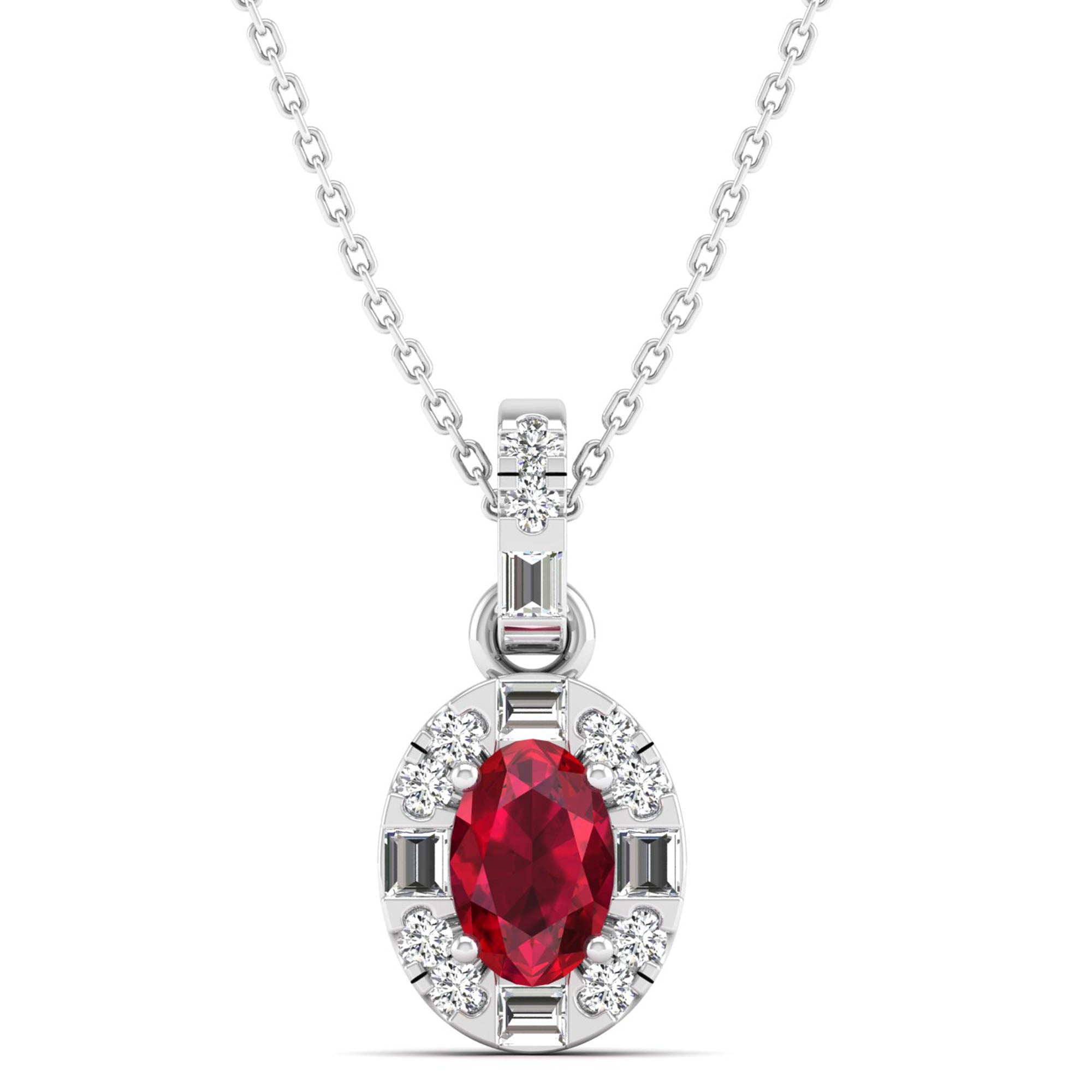 Oval Ruby Halo Baguette and Round Diamond Pendant