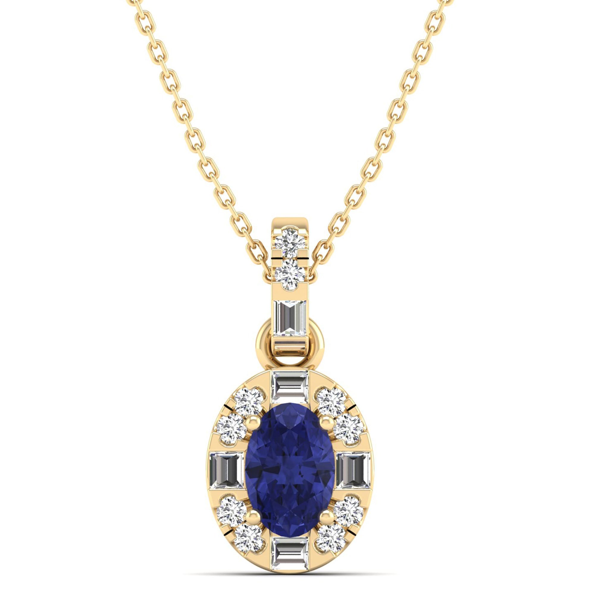 Oval Tanzanite Halo Baguette and Round Diamond Pendant
