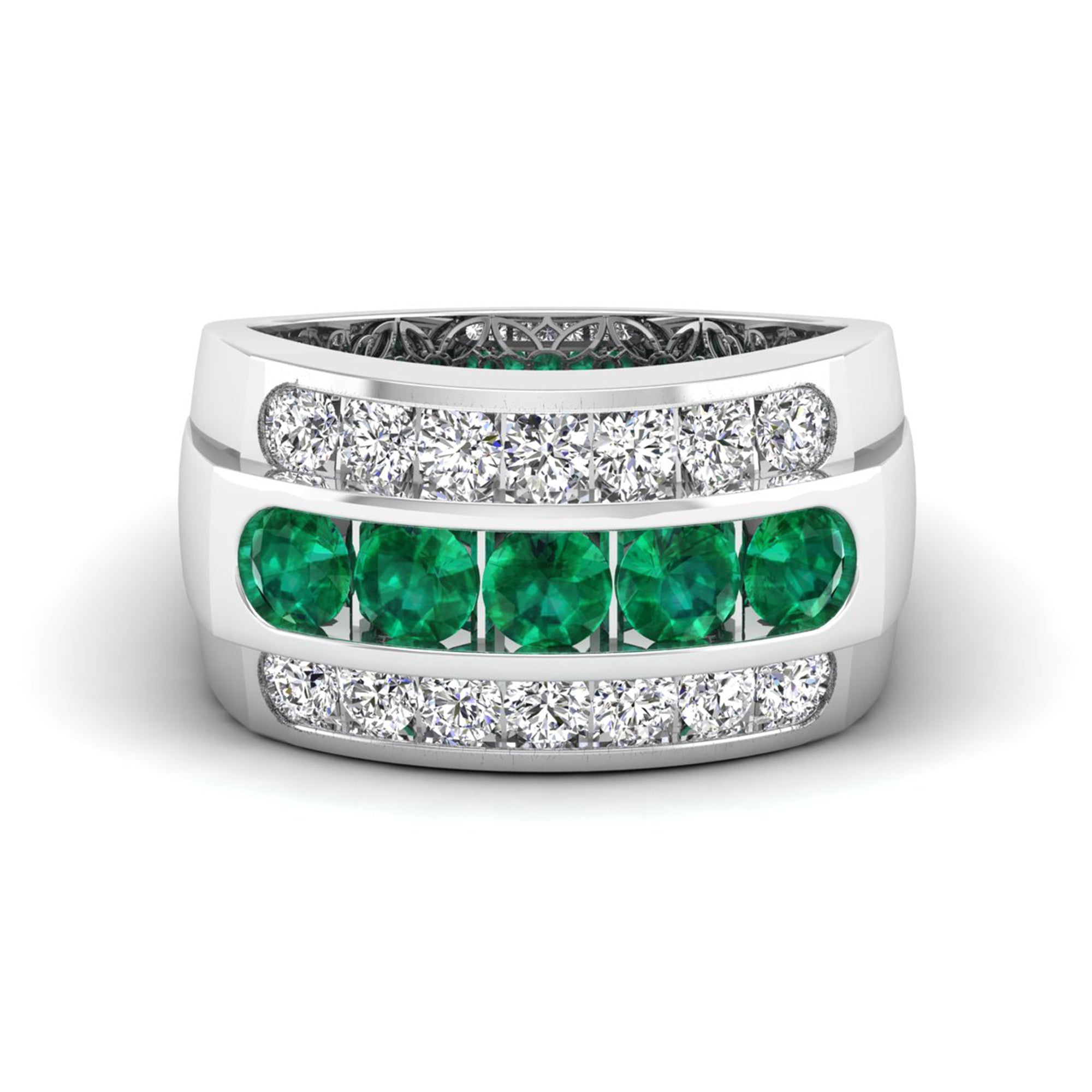 Men's Triple Row Emerald Channel Diamond Ring