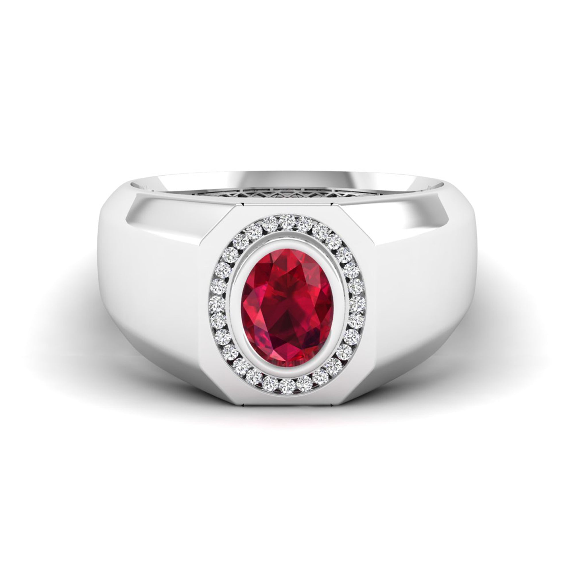Men's Oval Ruby Bezel Halo Diamond Ring