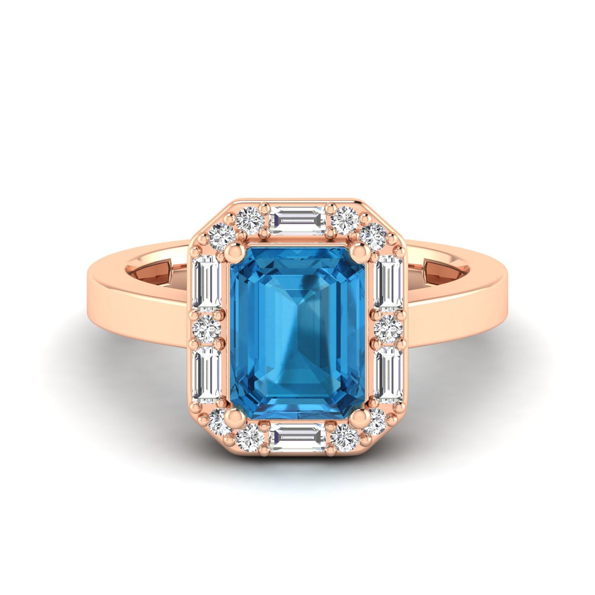 Baguette Diamond Halo Blue Topaz and Diamond Ring