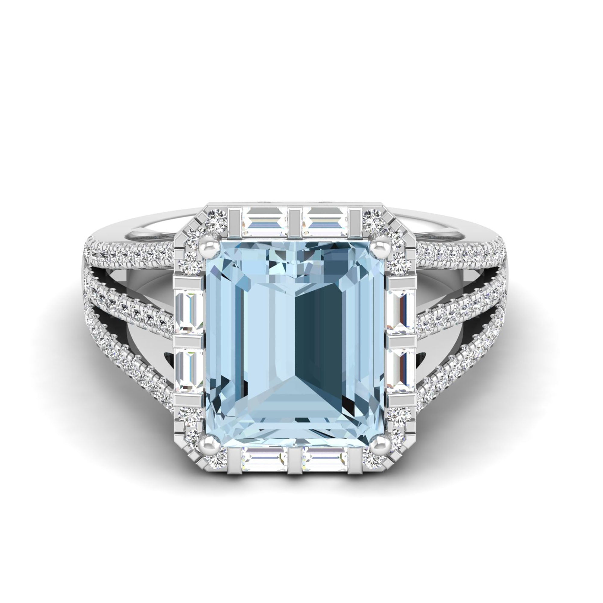 Triple Split Shank Aquamarine and Diamond Ring