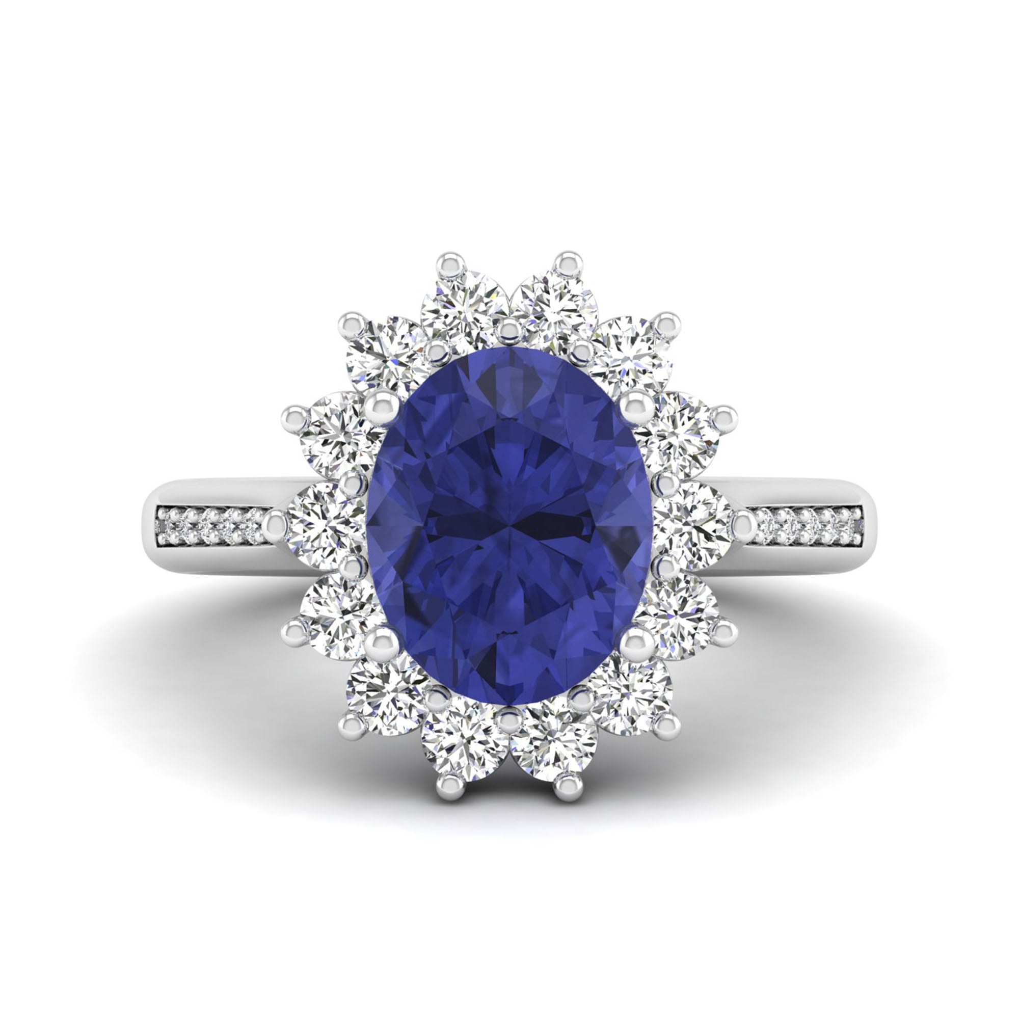Prong Set Oval Tanzanite Sunburst Diamond Halo Ring