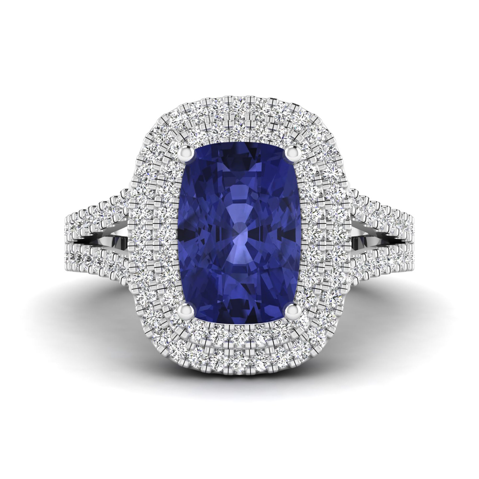 Halo Split Shank Cushion Tanzanite and Diamond Ring
