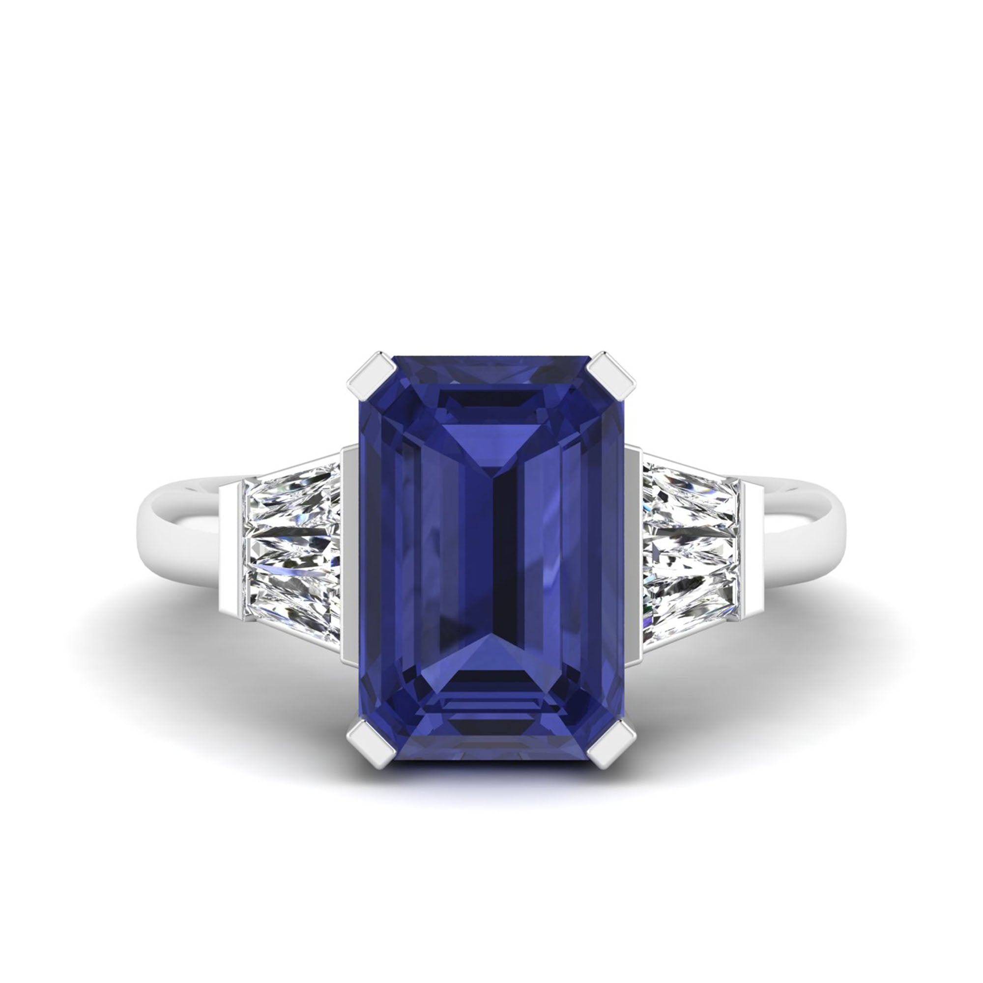 Emerald Tanzanite with Bar Set Tapered Baguette Diamond Ring