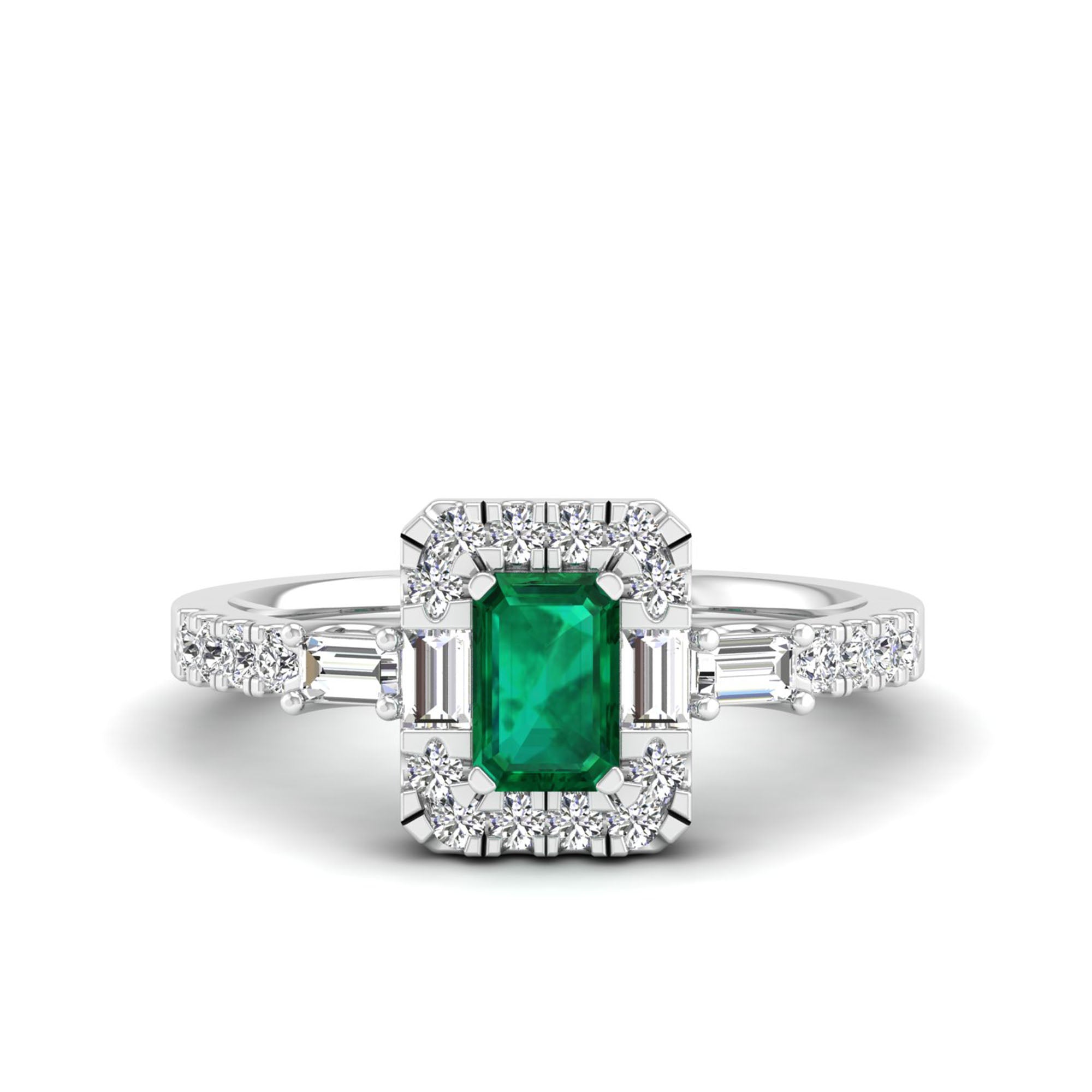 Emerald Cut Emerald with Round and Baguette Diamond Ring