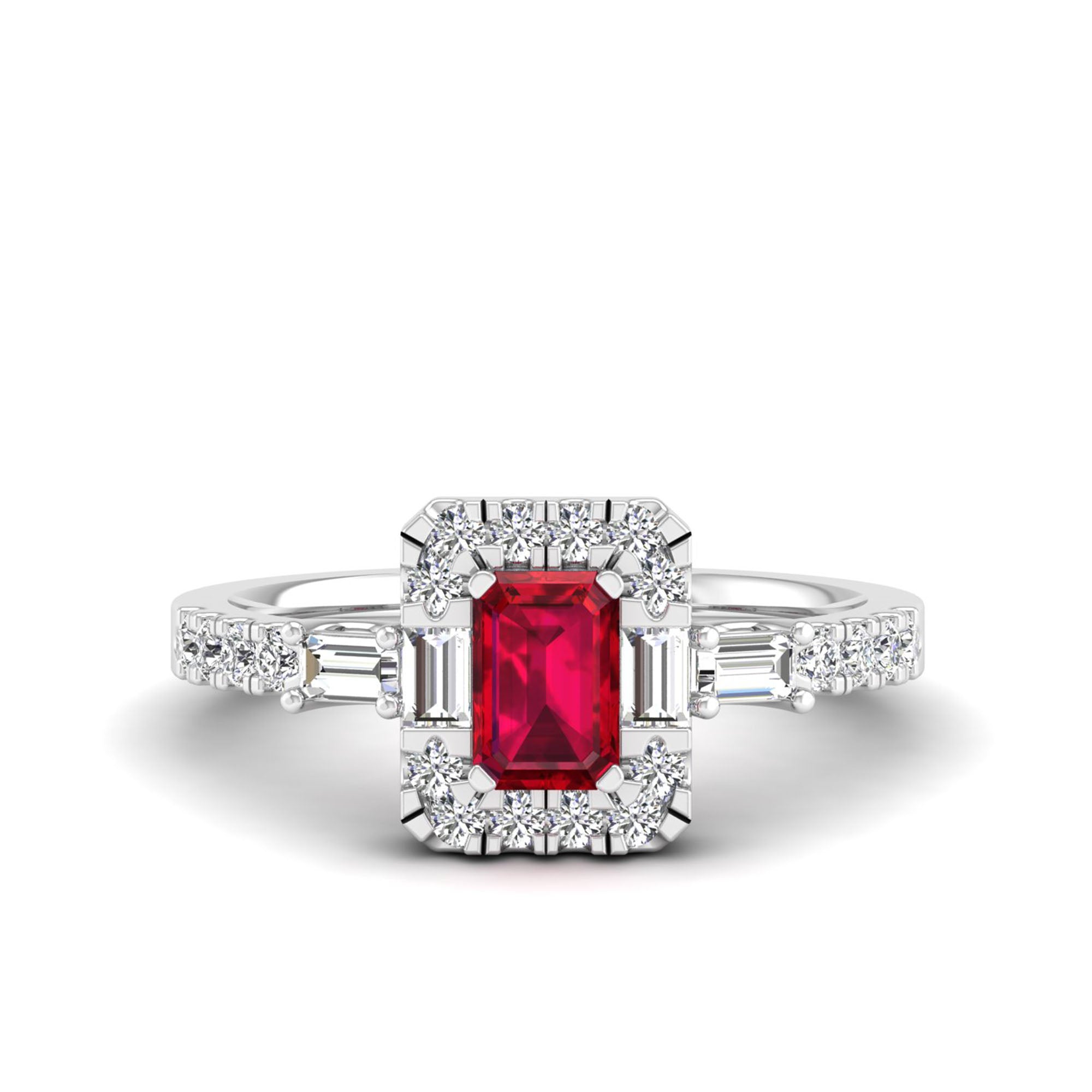Emerald Ruby with Round and Baguette Diamond Ring
