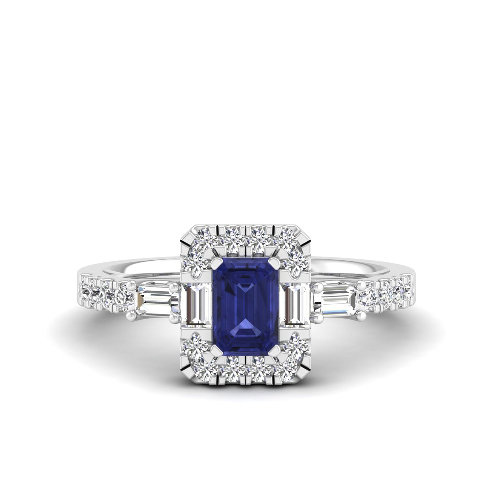 Emerald Tanzanite with Round and Baguette Diamond Ring