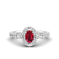 Oval Ruby with Halo Round and Baguette Diamond Ring