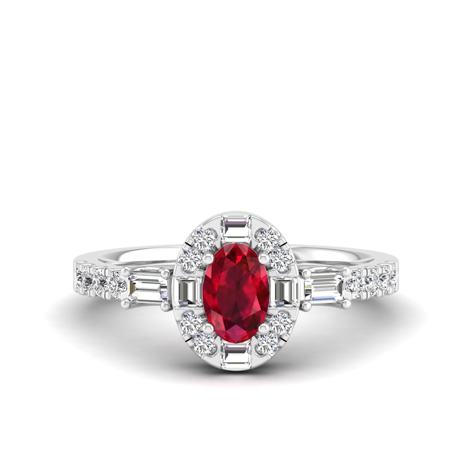 Oval Ruby with Halo Round and Baguette Diamond Ring