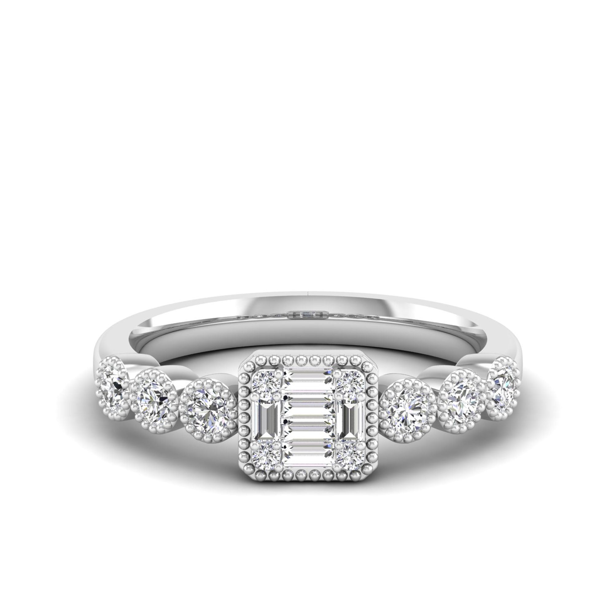 Emerald Halo Round and Baguette Diamond Ring