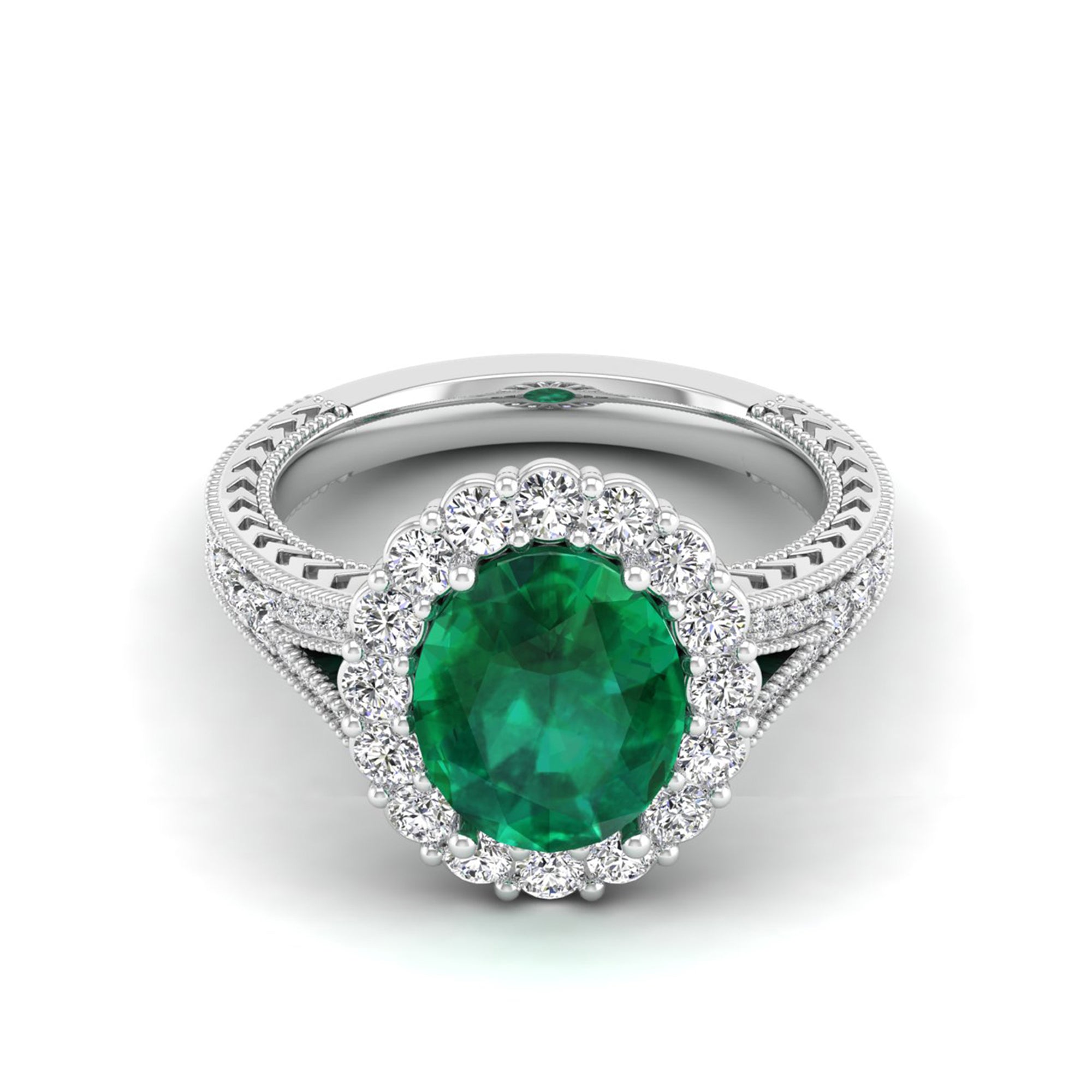 Oval Emerald Shared Prong Halo Diamond Ring