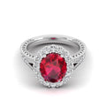 Oval Ruby Shared Prong Halo Diamond Ring
