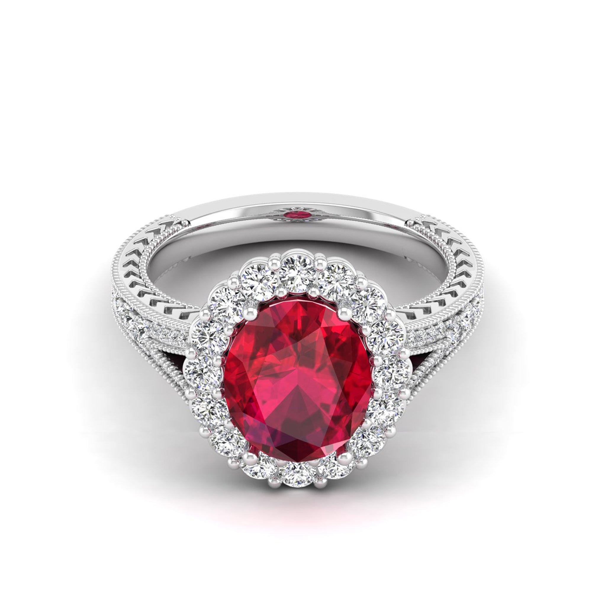 Oval Ruby Shared Prong Halo Diamond Ring