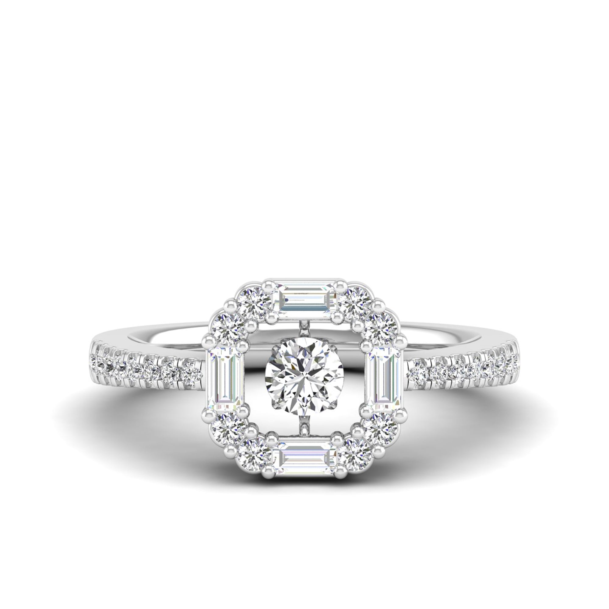 Halo Round and Baguette Dancing Diamond Ring
