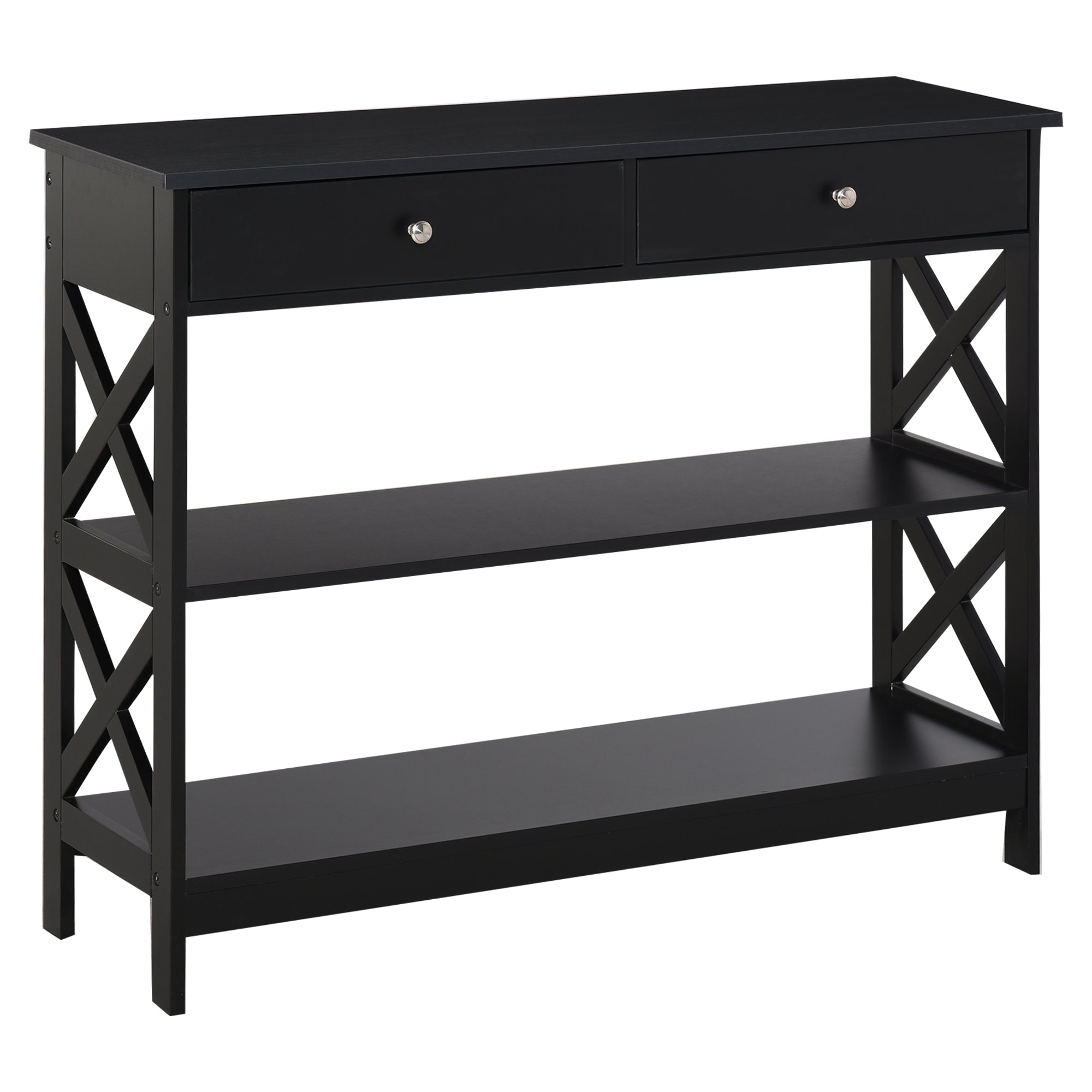 Console Table Sofa Side Desk with Storage Shelves Drawers X Frame for Entryway Black
