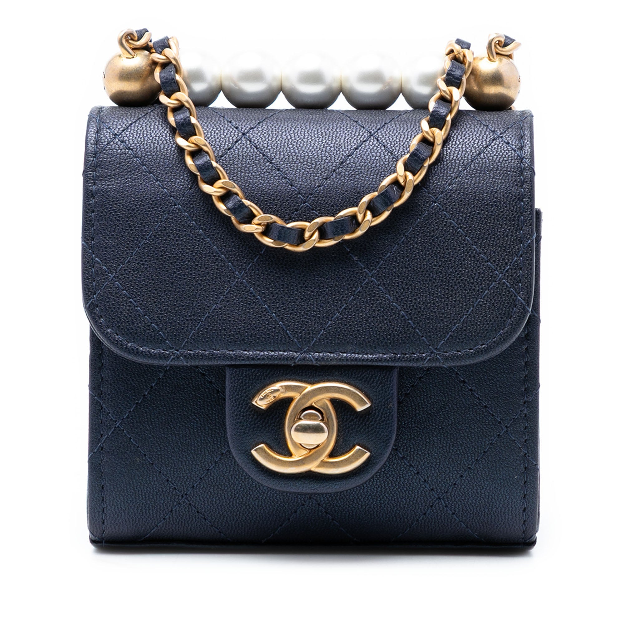Mini Quilted Goatskin Vertical Chic Pearls Flap Clutch With Chain