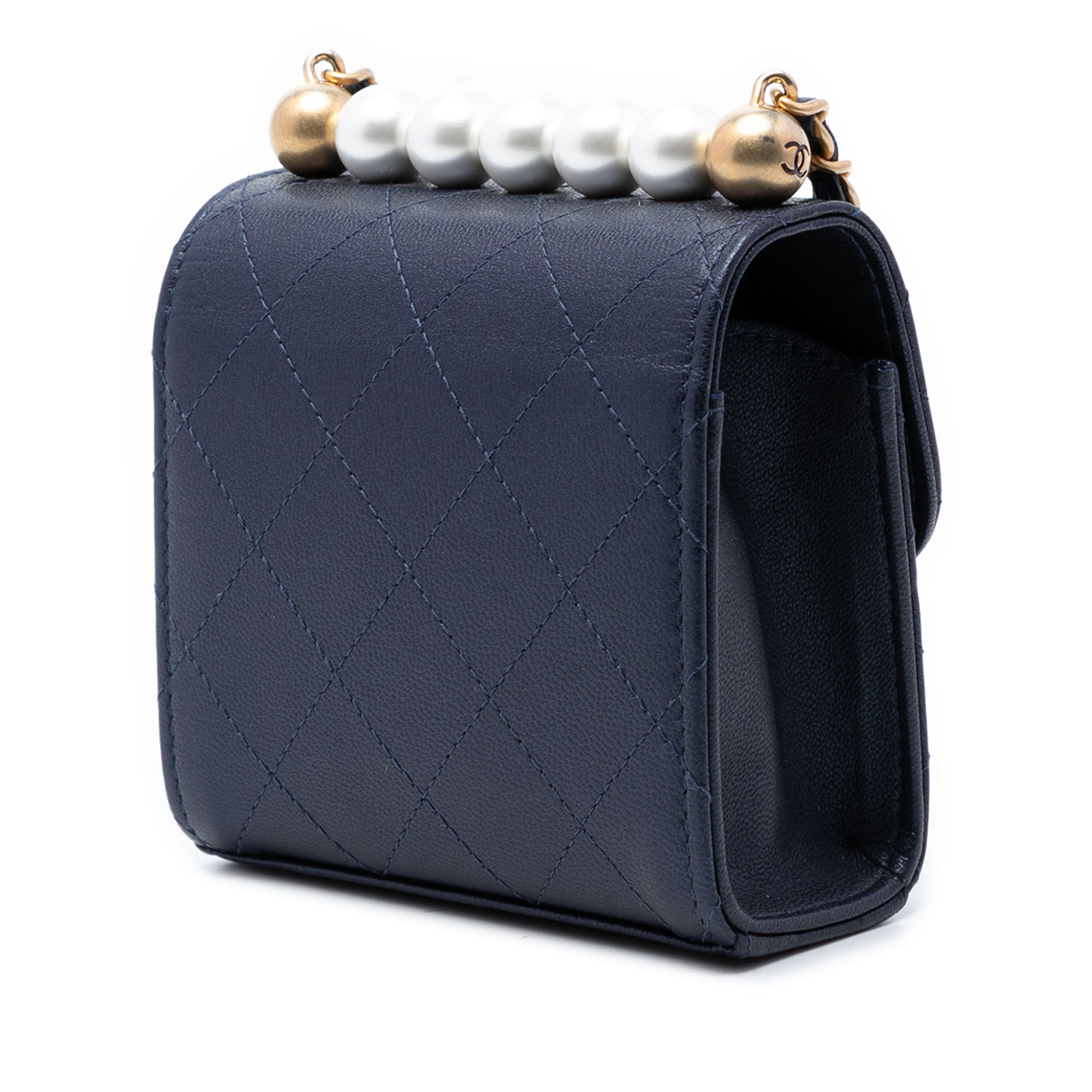 Mini Quilted Goatskin Vertical Chic Pearls Flap Clutch With Chain