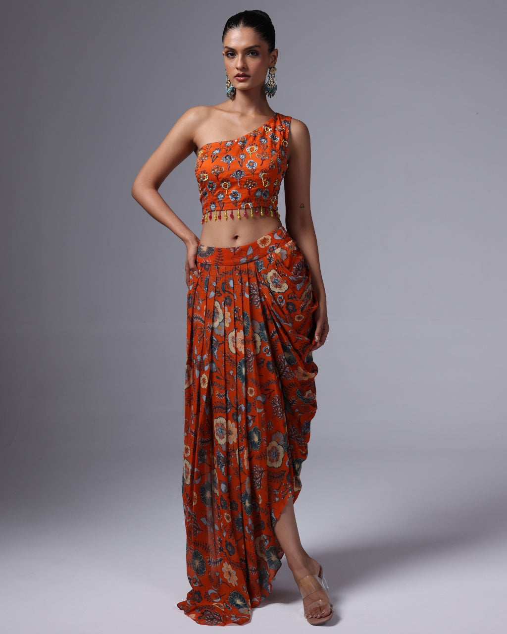 Leena Printed Drape Skirt Set By KYNAH, Luxury Indian Fashion & Bridal Wear