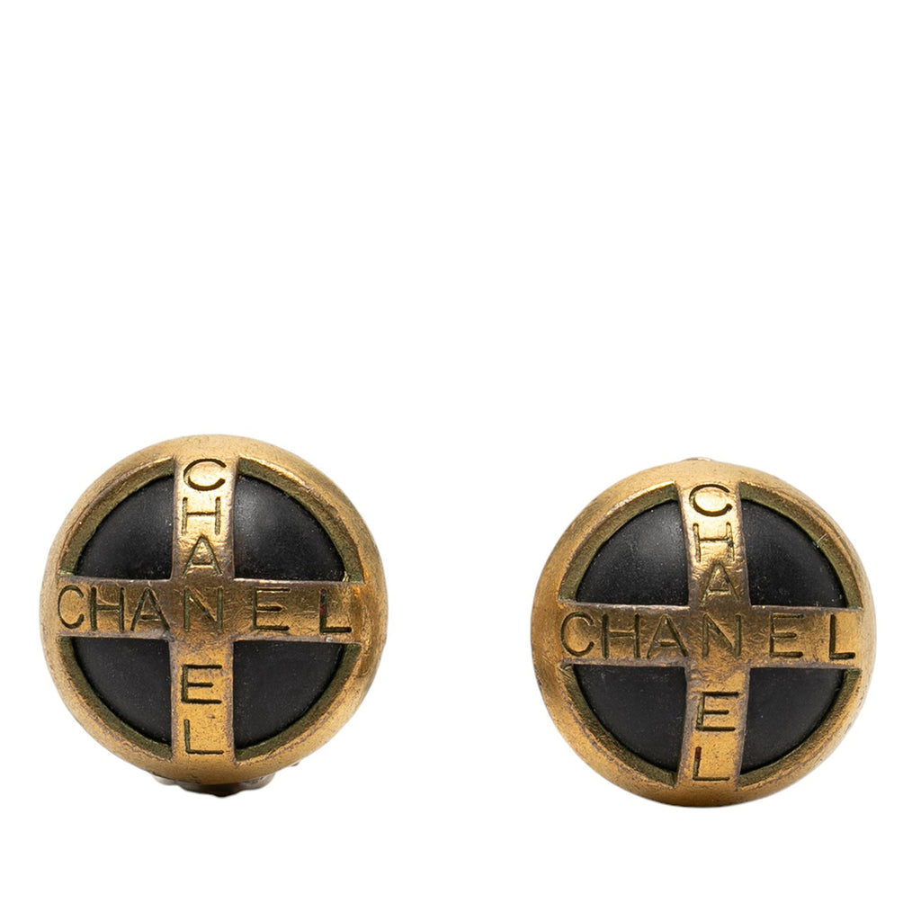 Gold Plated and Acrylic Logo Round Button Clip On Earrings