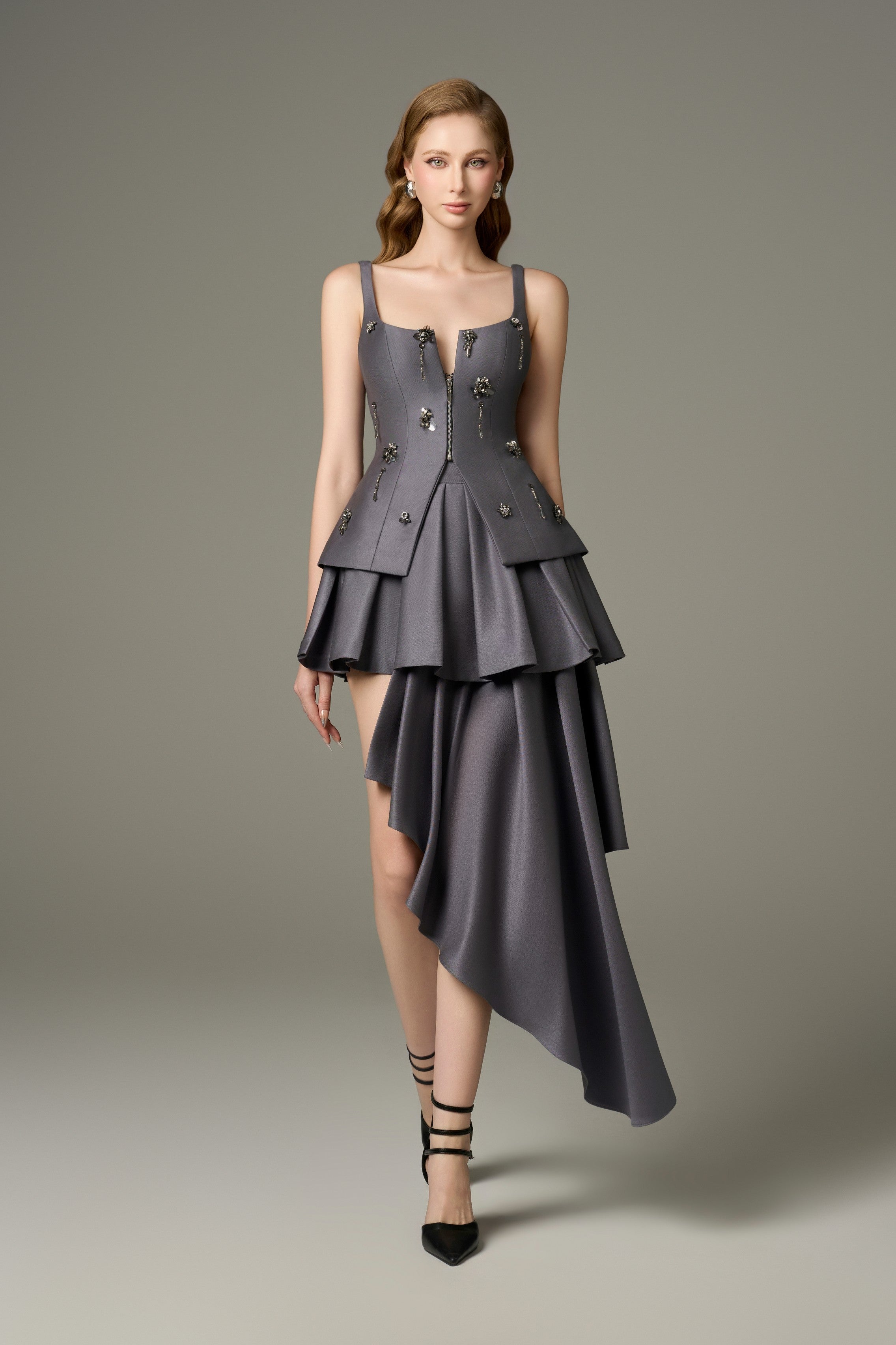 Lure Stone Embellished Corset Top and Asymmetrical Mini Dress Set