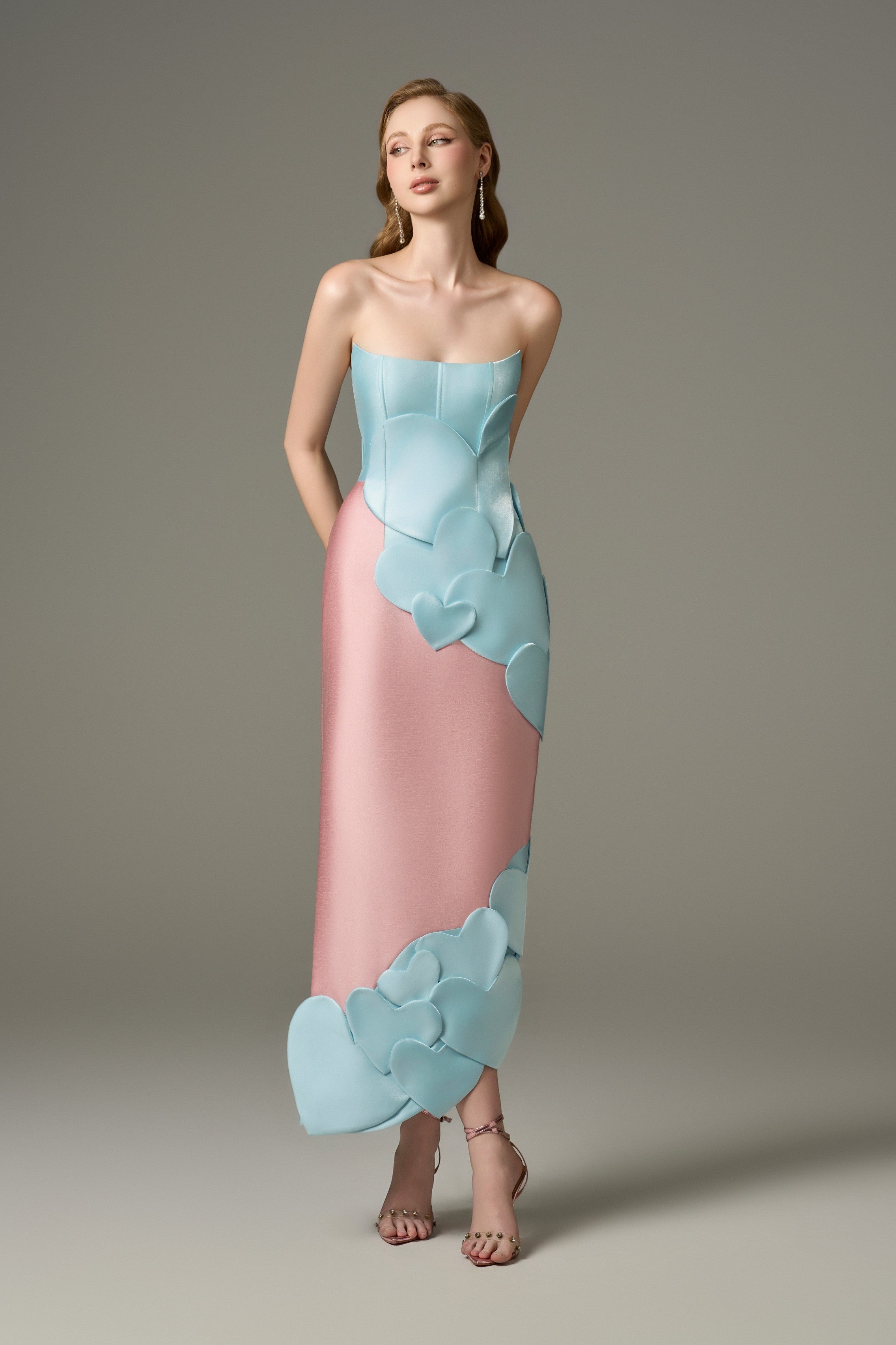 Darling Color Mix Taffeta Asymmetric Heart Detail Maxi Dress Pink