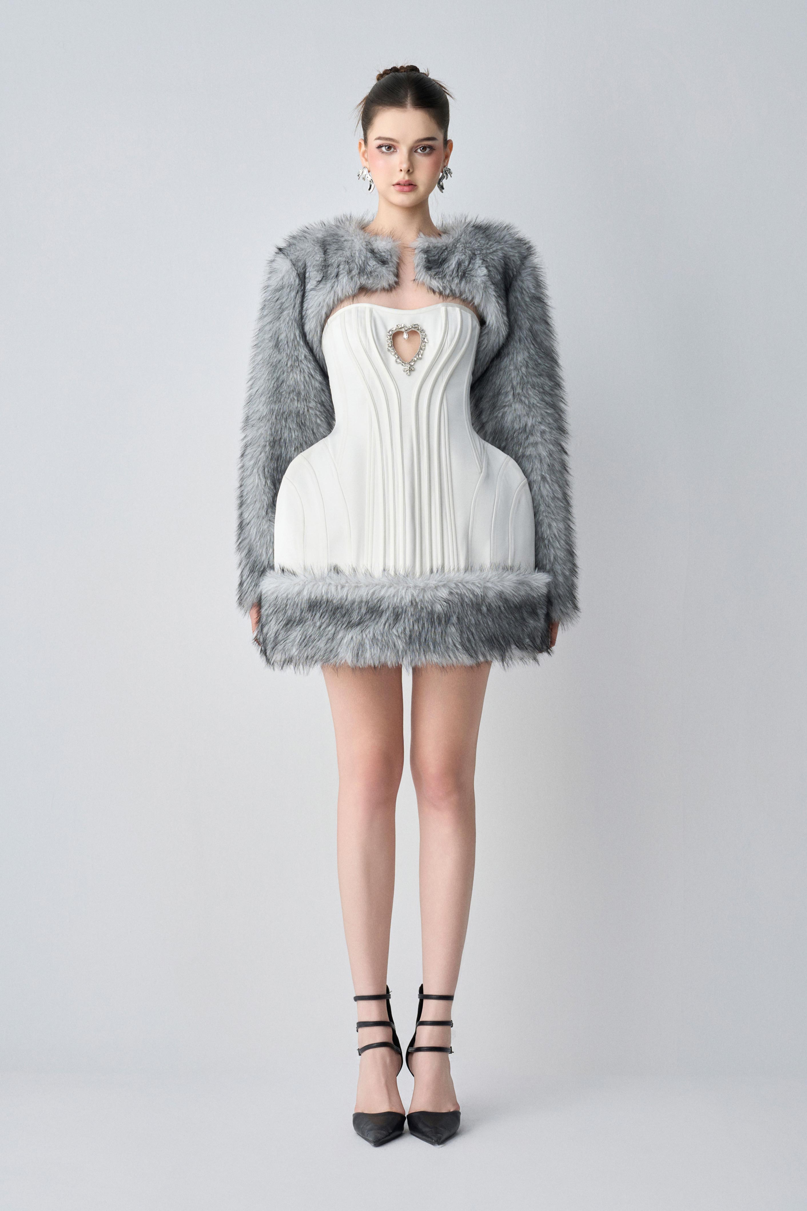 Elodia Couture Dual Style With Mini Dress And Cropped Faux Fur Jacket