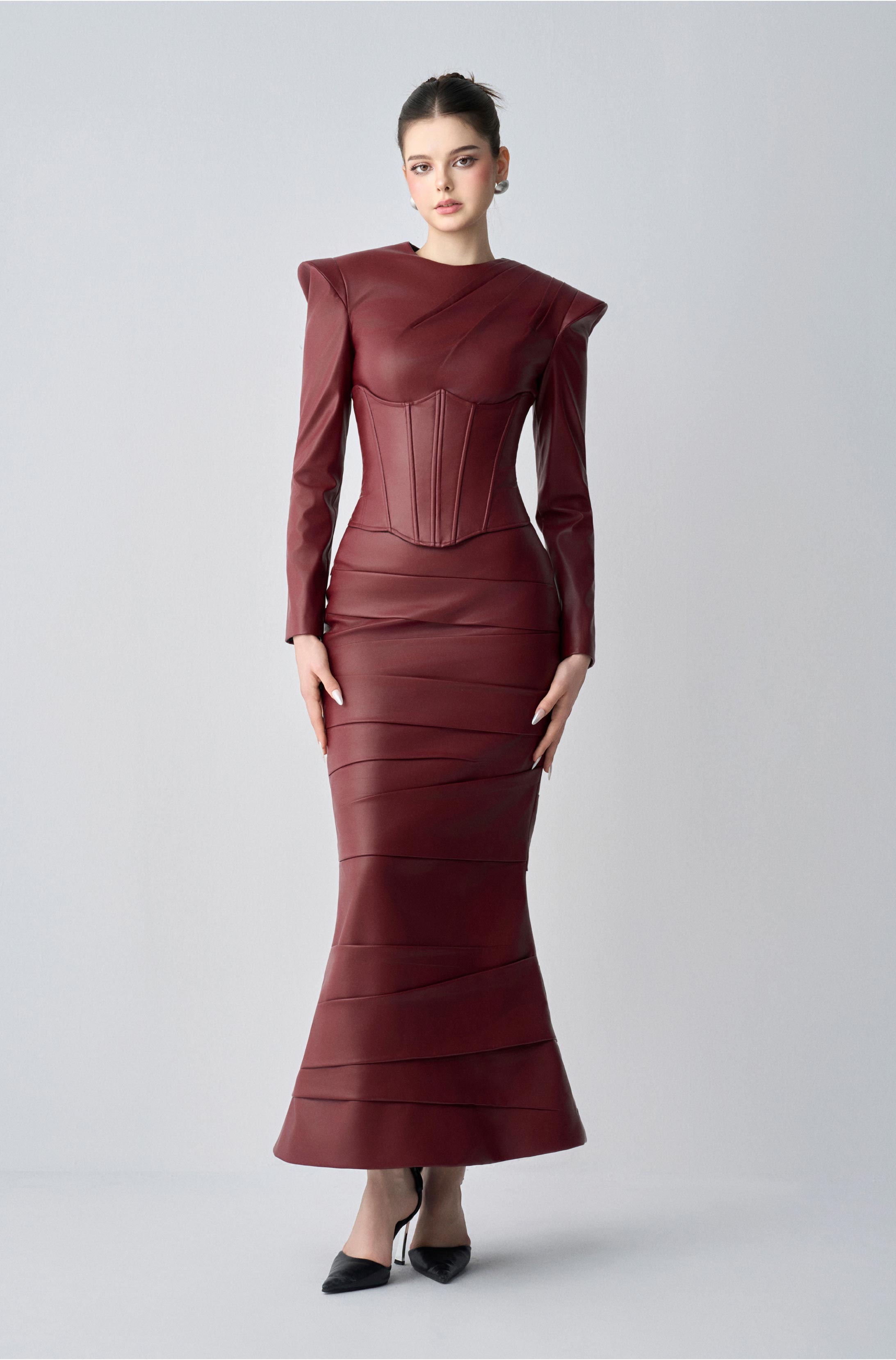 Noiré Long Sleeves, Corset And Maxi Dress Set In Leather
