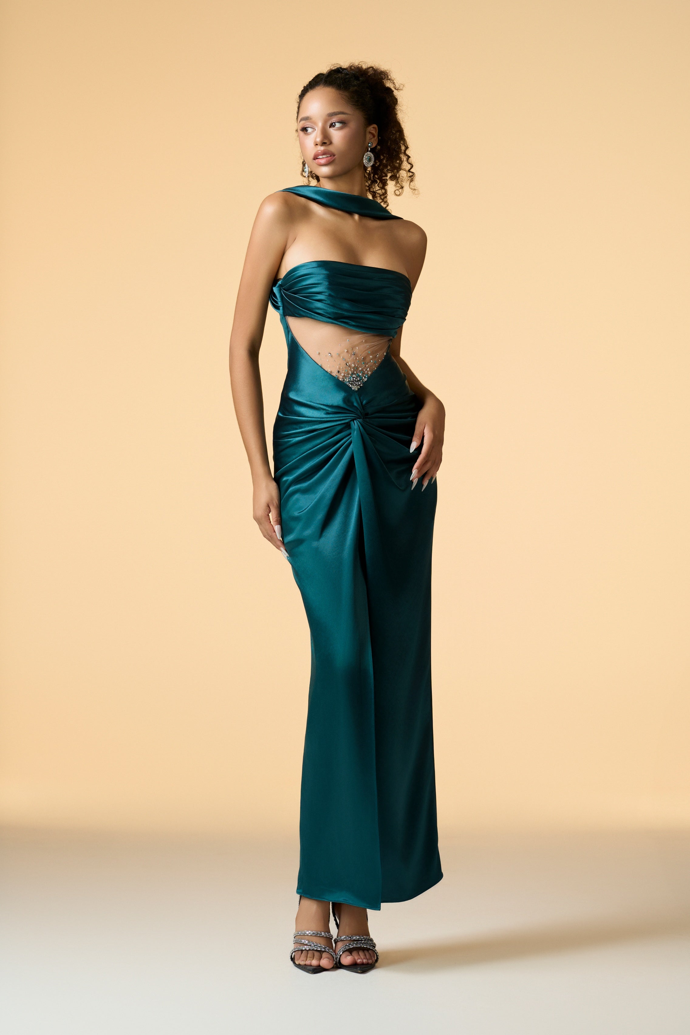Twilight Drape Front Embellished Crystal Maxi Dress