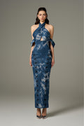 Chic Modest Cotton Denim Halter Tie-Dye Maxi Dress