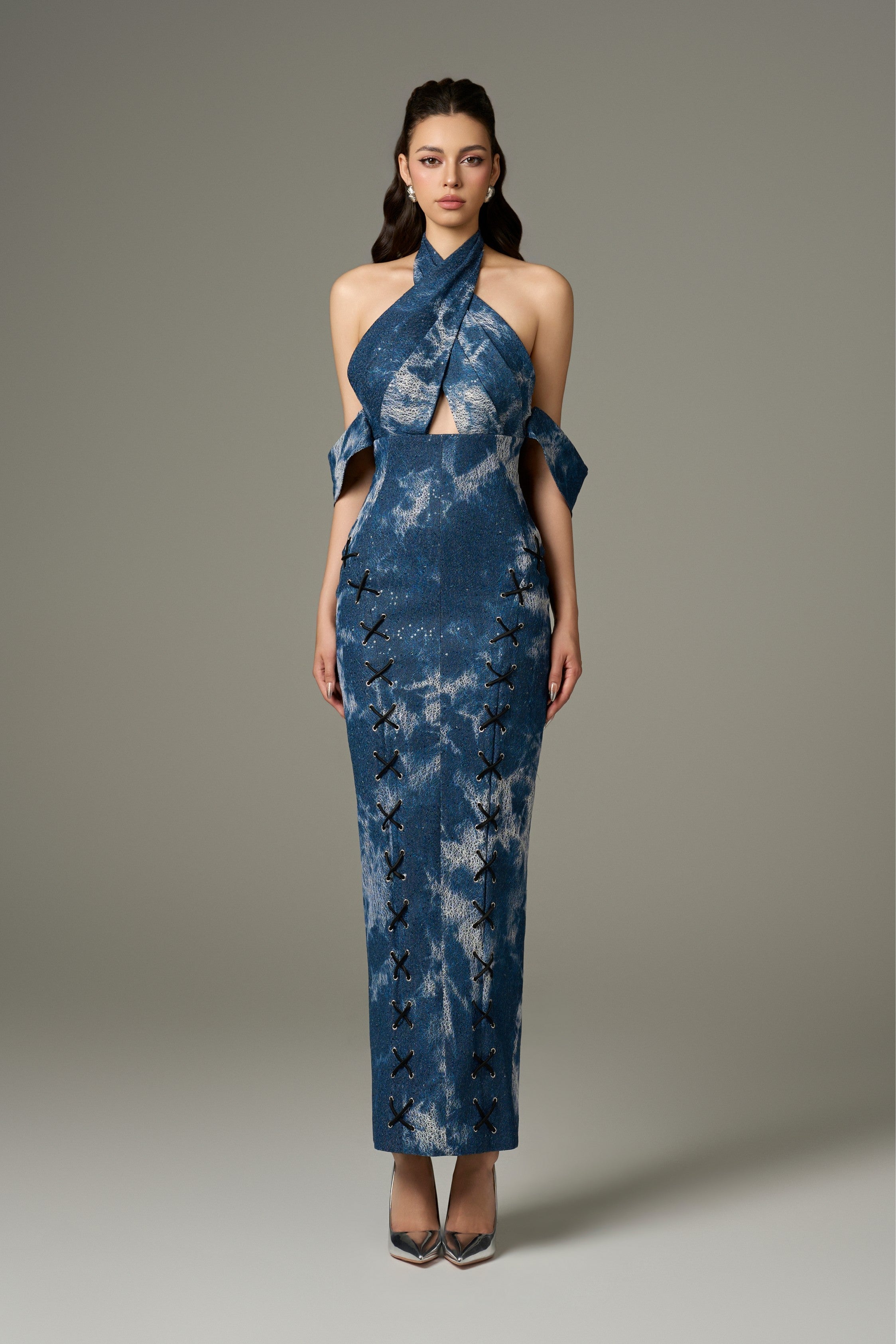 Chic Modest Cotton Denim Halter Tie-Dye Maxi Dress