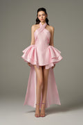 Champagne Halter Neck Flared Hip Cape Mini Dress Pink