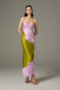 Darling Color Mix Taffeta Asymmetric Heart Detail Maxi Dress Green