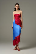 Darling Color Mix Taffeta Asymmetric Heart Detail Maxi Dress Blue