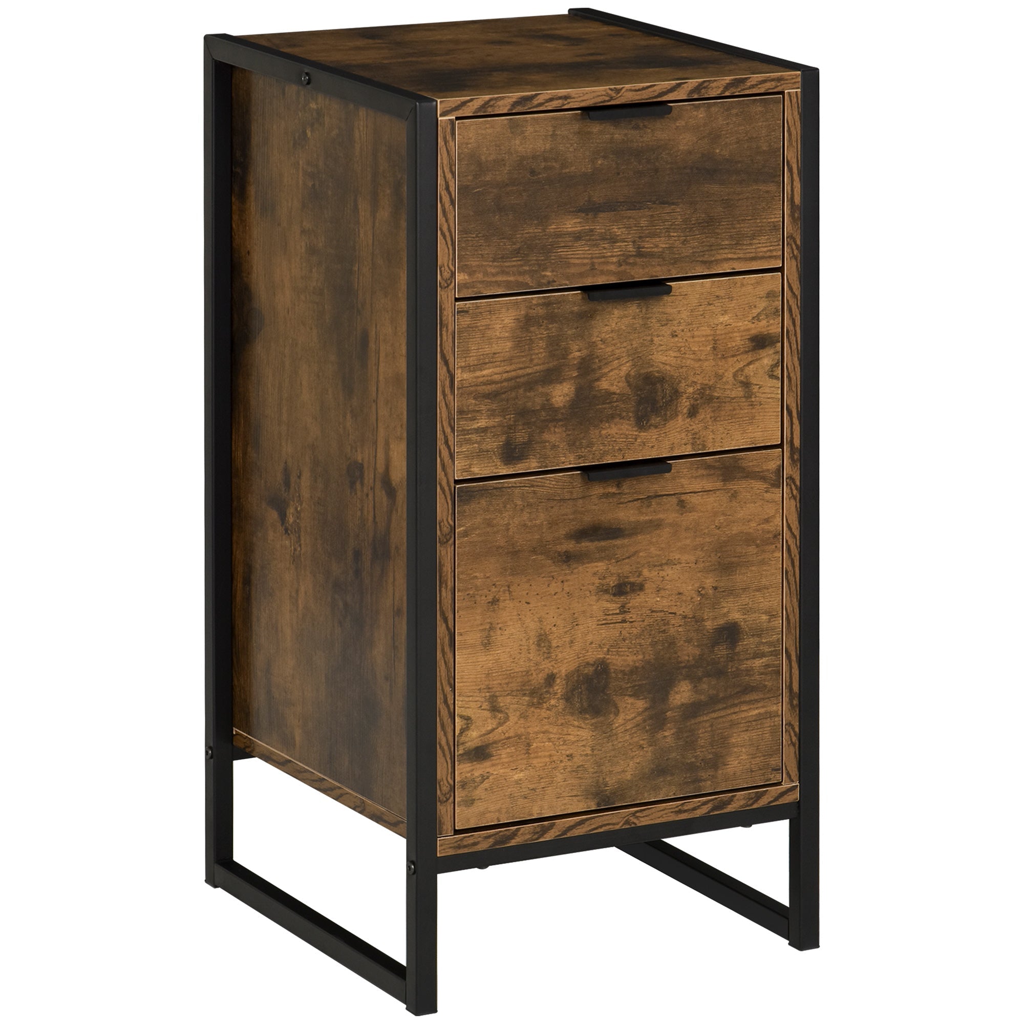Industrial Chest of 3-tier Drawers with Metal Frame for Bedroom, Living Room, Rustic Brown