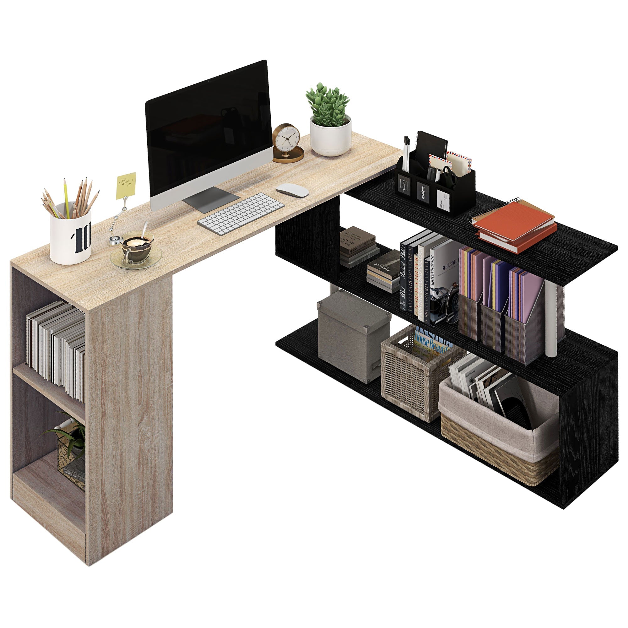 55" L-Shaped Desk, 360° Rotating Corner Computer Desk with 3-Tier Storage Shelves, Bookshelf, Natural Wood