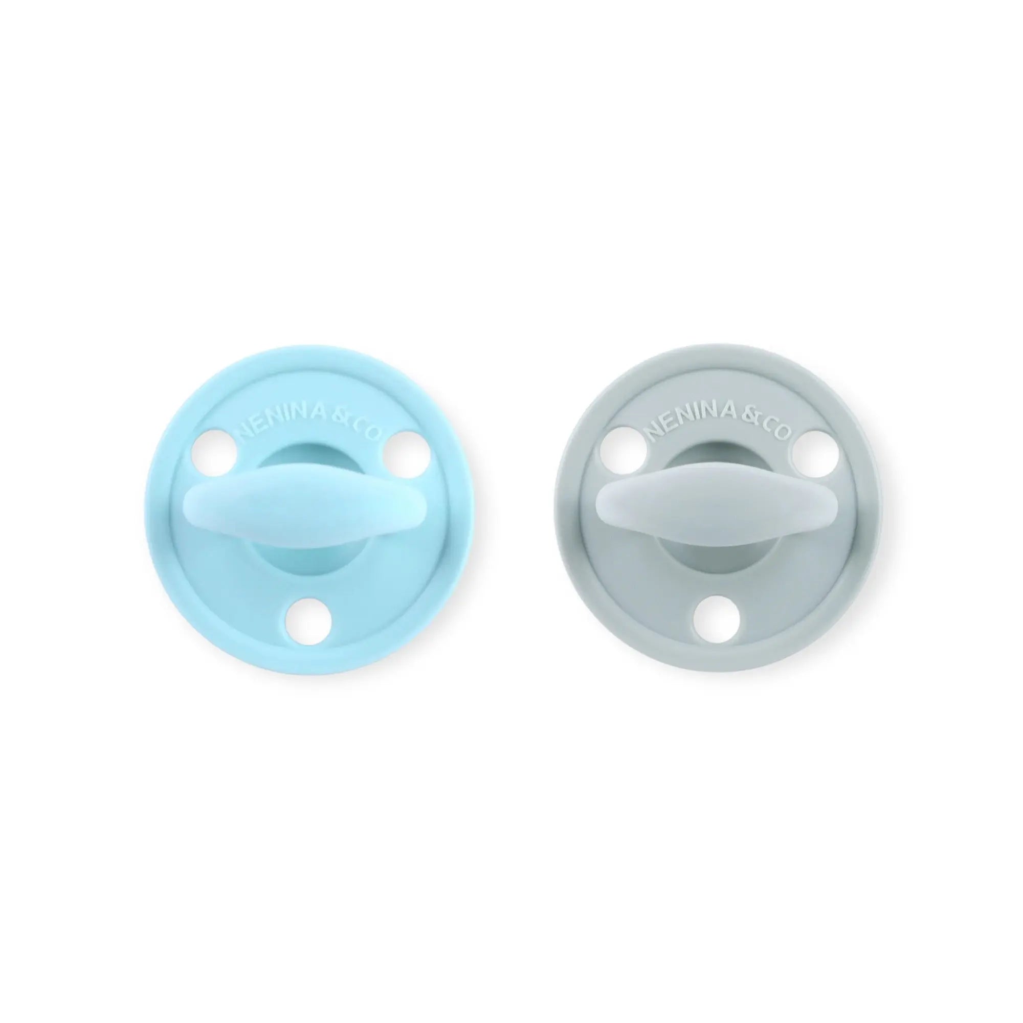 Kit 2 Chupetes Clásicos para Bebé Celeste y Gris | Silicona Orgánica Nenina & Co