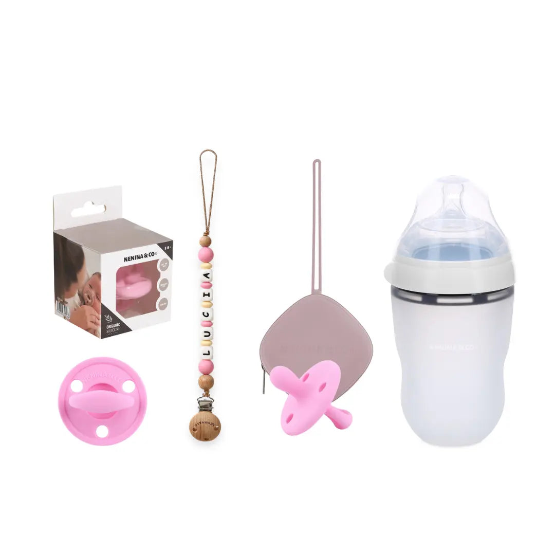 Kit Deluxe Chupete Clásico de Silicona + Chupetero Personalizado, Guardachupetes y Biberón Maternal | Nenina & Co