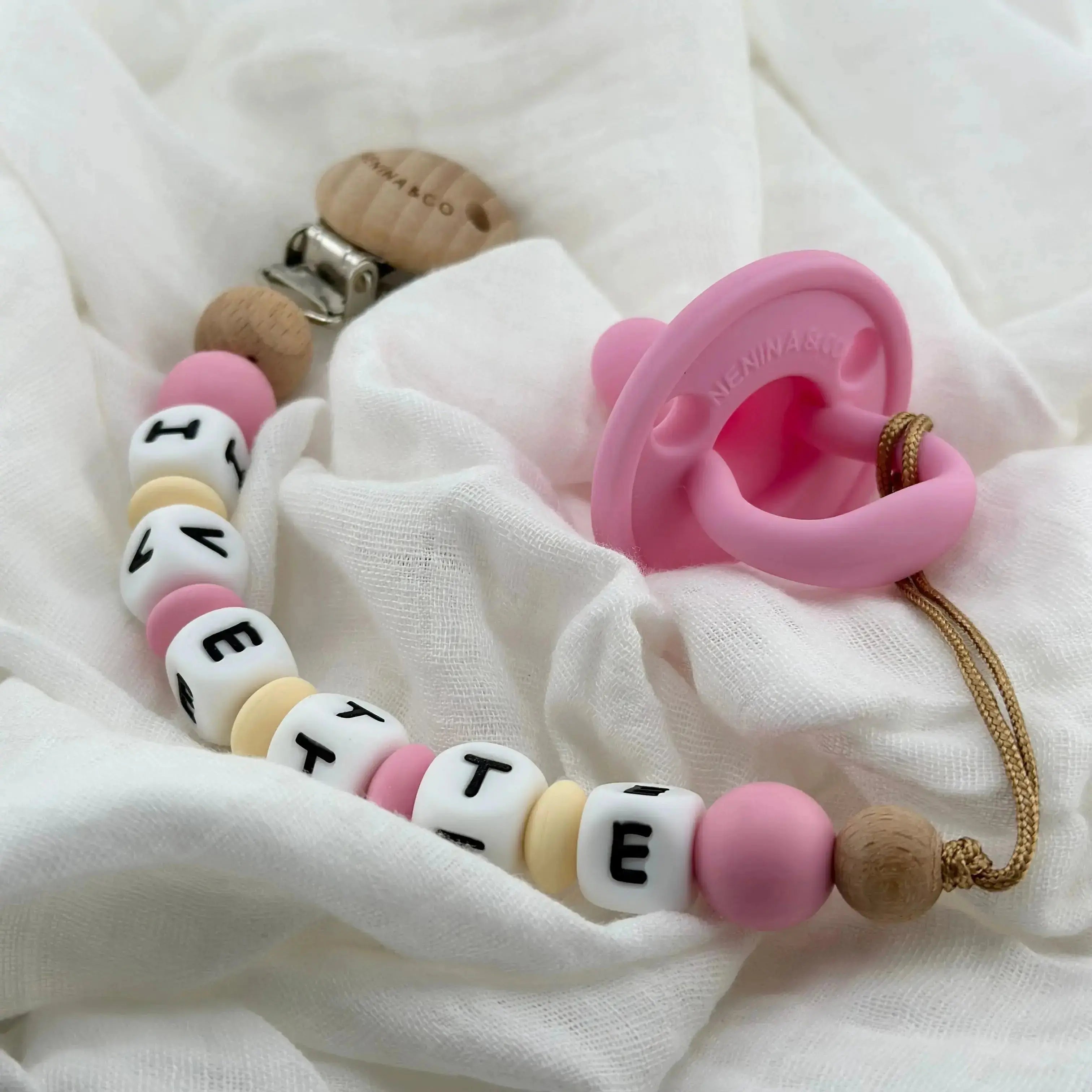 Kit Chupete Clásico Rosa chicle de Silicona + Chupetero con Nombre | Nenina & Co.