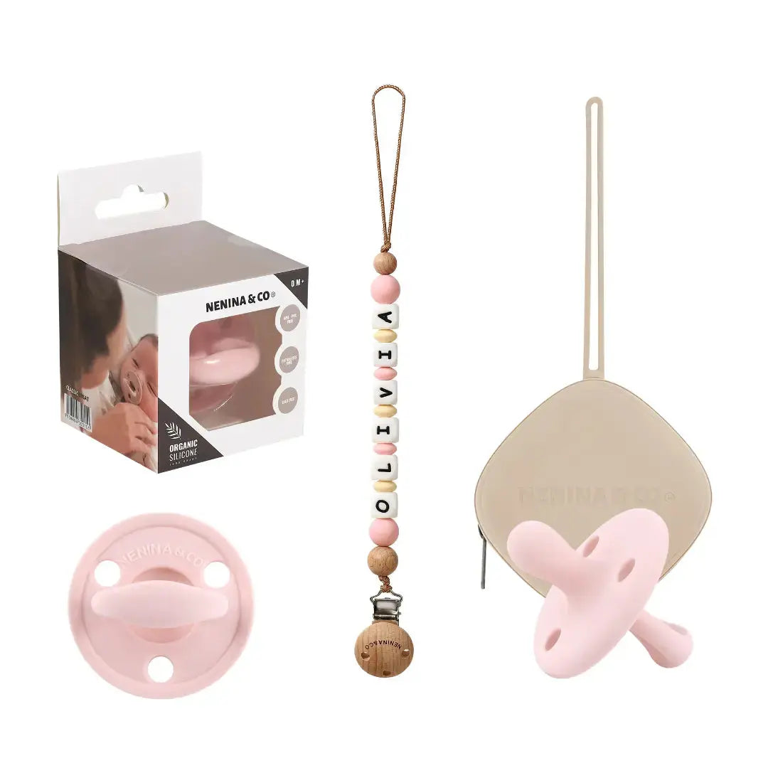 Kit Deluxe Chupete Clásico de Silicona + Chupetero Personalizado, Guardachupetes y Biberón Maternal | Nenina & Co
