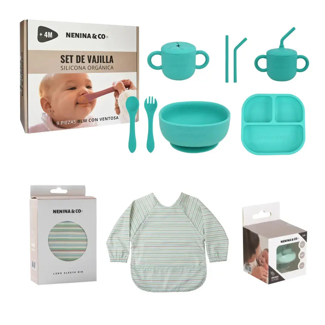 Kit Deluxe Babero + Vajilla BLW Turquesa 9 Piezas de Silicona orgánica con ventosas + Chupete Classic Breat Nenina & Co